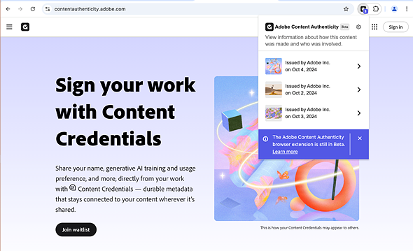 Screenshot of the Content Authenticity extension displaying credentials for several images on a webpage