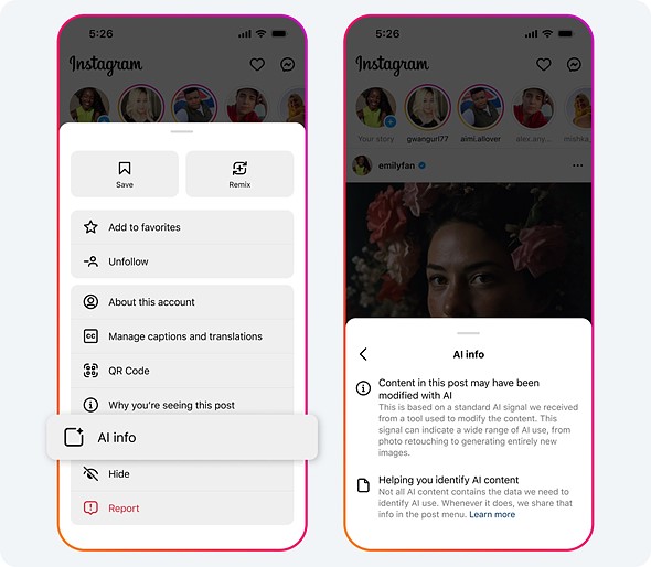 Screenshot of the AI Info button and information pannel on Instagram