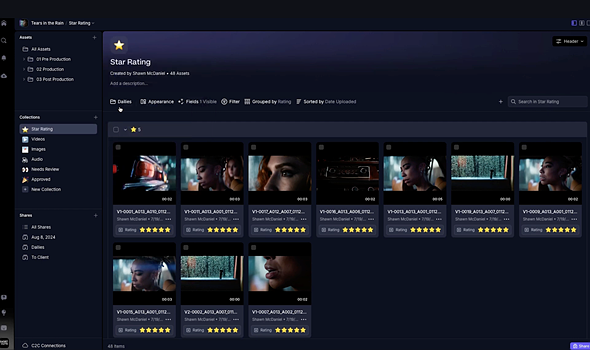 Screenshot of a Frame.io collection based on star rating