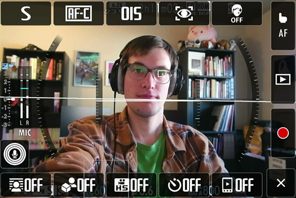 Screenshot of the vlogging menu, displaying several buttons across the top and bottom of the screen