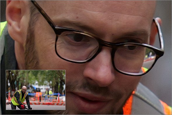 Close-up photo of cyclists face with inset smaller image covering the whole scene