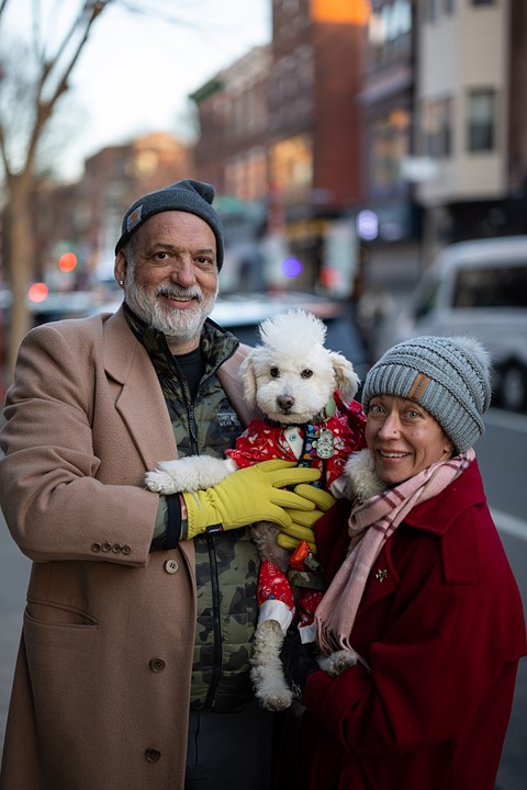 Portrait by South Street Sam - couple with dog wearing clothes