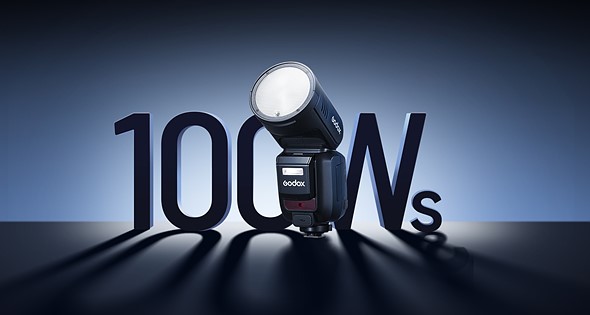 Godox V100 round head flash branding image with 100Ws in large letters