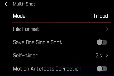 Leica SL3-S multi-shot mode menu