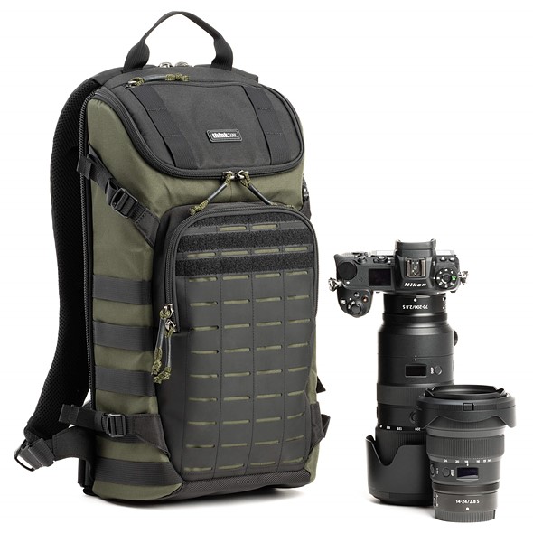 ThinkTank-DarkLight-14L-Montane-Green-with-camera-and-lens