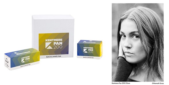 three boxes of kentmere 200 film next to monochrome portrait of woman