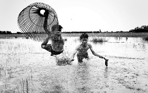 two kids dive in water with basket