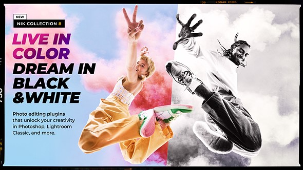 two people jump in front of smoke with half color half monochrome
