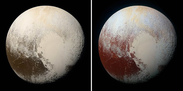 Pluto photographed in approximate natural color and enhanced color