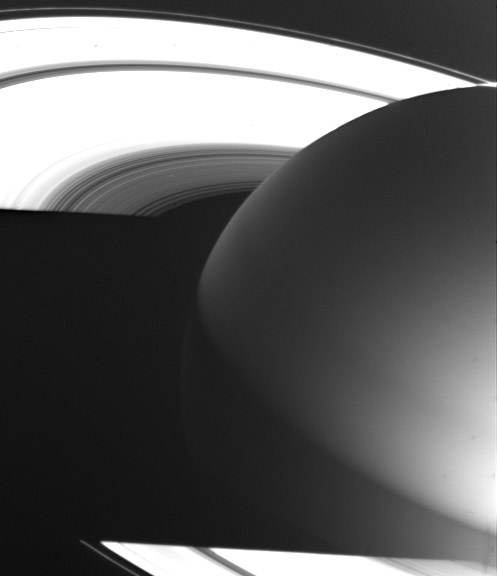 Ring shine illuminates the night side of Saturn as seen from Voyager 1 in 1980