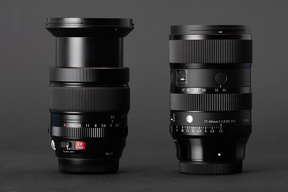 Sigma 17-40mm F1p8 next to Fujifilm 16-55mm F2p8 extended