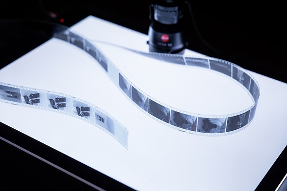 a negative strip sits curled on light table
