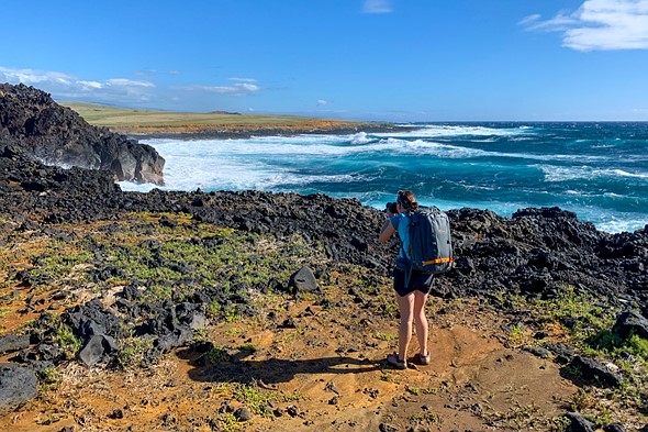 a person stands in front of rugged volcanic terrain with the pacific ocean beyond