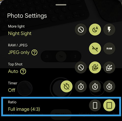 a screenshot of pixel 9a camera settings with a blue box around aspect ratio