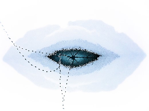 an eye shaped hole in frozen lake sits in expanse of snow with two lines of footprints
