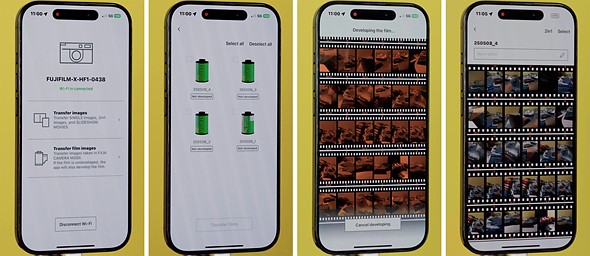 four phones against yellow background with fujifilm x-half-app