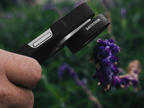 hand holds phone with a lens attached close to a purple flower