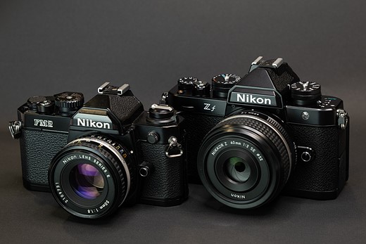 nikon zf sitting next to fm2