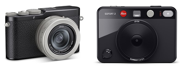 the leica d-lux 8 and sofort 2 are placed against a white background