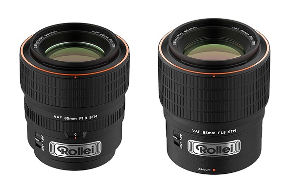 two rollei 85mm lenses next to each other on white background