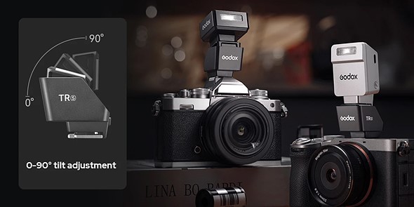 a diagram of a tilting extender is placed next to two cameras with godox flashes