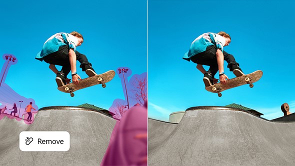 two side by side images of a skateboarder in the air over a skate park with blue sky