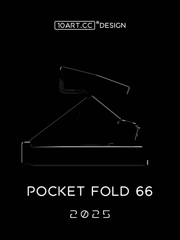 a white outline of a foldable instant camera is on a black background with white text above and below