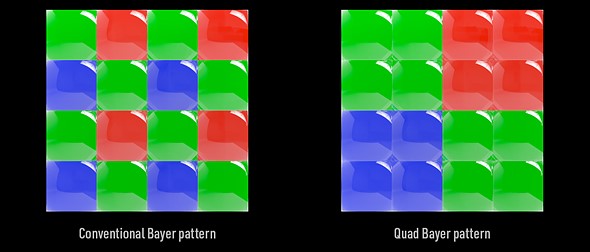 blue green and red squares are arranged in two patterns on a black background