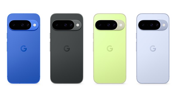 four different colored phones are spaced out on a white background