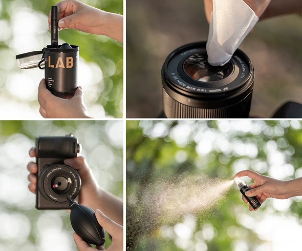 four images of a hand holding various lens cleaning tools