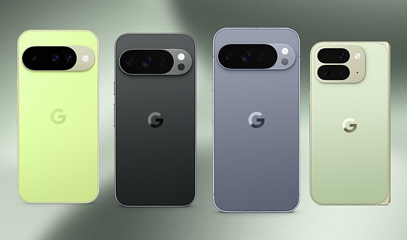 four phones are on a green and black swirled background