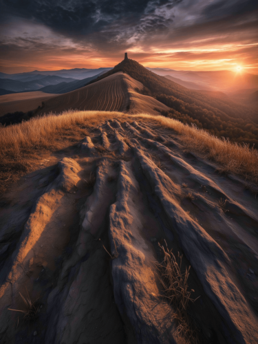 A sunset view of a winding mountain ridge with carved textures and distant peaks, showcasing leading lines and balance in scenic compositions.