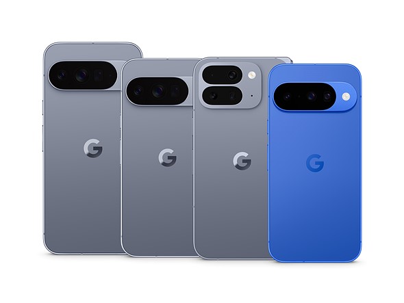 three gray phones and one blue phone are overlapped vertically on a white background-original