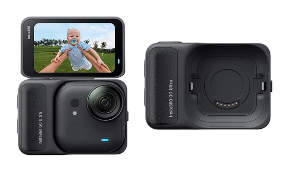 two black action cameras are on a white background