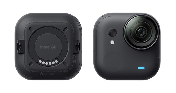 two black square tiny action cameras are facing foward and backward on a white background