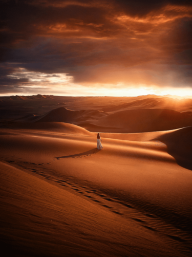 A lone figure walking across sunlit desert dunes under a dramatic sky, captured as part of golden hour portraits with rich shadows and warmth.