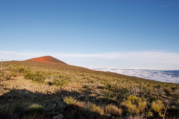 a red mountain sticks up above clouds and an expanse of plants