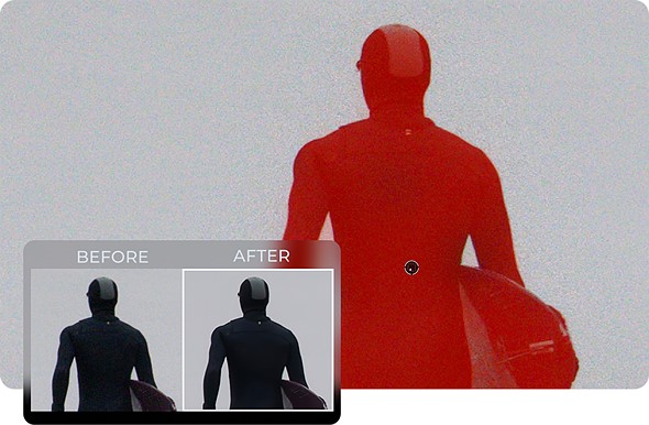 a red silhouette of a person on a gray background is behind two small thumbnails labeled before and after