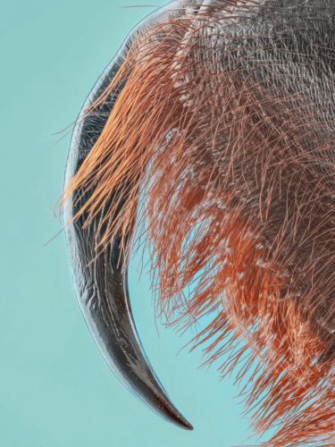 Extreme close-up of a hairy insect claw with sharp detail, showing textures of bristles and curved tip.
