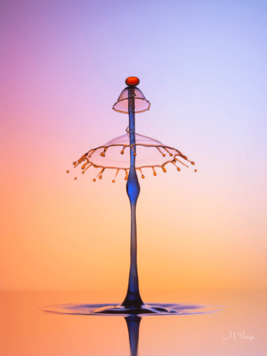 Macro photography tips illustrated with a high-speed capture of a water droplet splash resembling an umbrella against a gradient background.