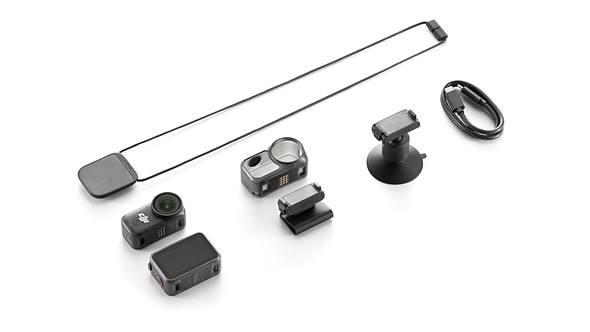 the dji osmo nano and its accessories are arranged in a grid on a white background