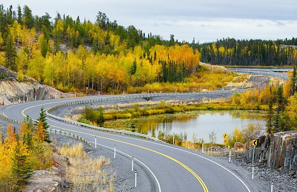 A_winding_highway_curves_through_bright_yellow_autumn_trees_beside_a_calm_pond_along_the_Ingraham_Trail_near_Yellowknife__Northwest_Territories