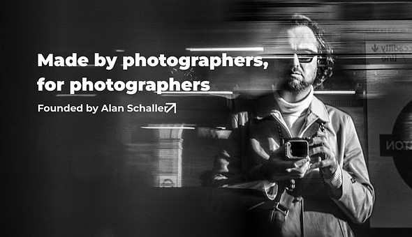 a-black-and-white-image-with-a-picture-of-photographer-Alan-Schaller-and-the-text-made-by-photographers-for-photographers