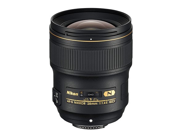 a nikon 28mm f mount lens stands on a white background
