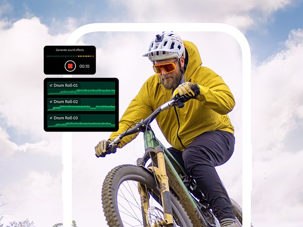 a person wth yellow jacket rides a mountain bike with clouds behind them and digital sound effects mocked up next to them