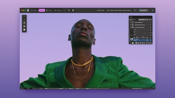 a photo of a man wearing a green jacket with a purple background is in the affinity editing app