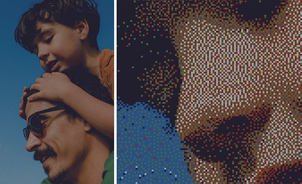 a portrait of a boy on a mans shoulders next to a zoomed in crop showing square pixels of color