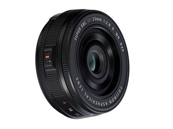 a small fujifilm lens is on a white background