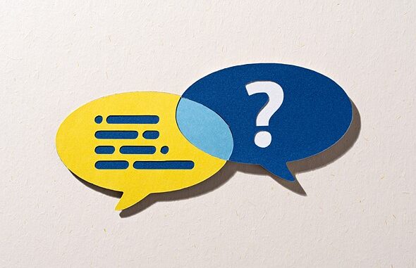 a_yellow_word_bubble_with_blue_lines_overlaps_a_blue_one_with_a_white_question_mark