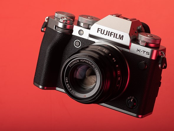 fujifilm x-t5 floating on red background